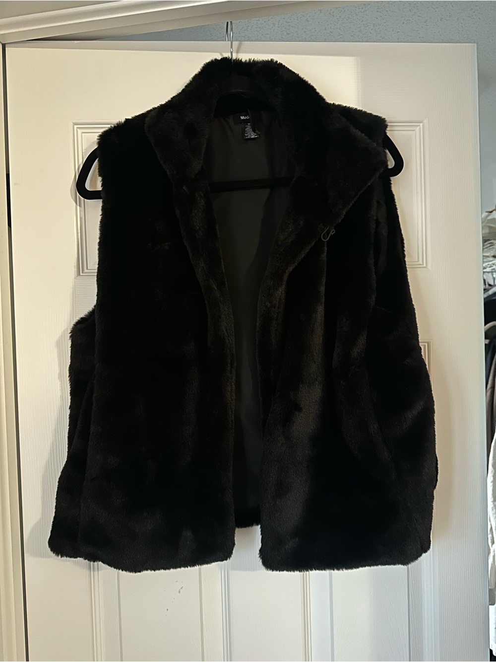 Black Faux Fur Vest - Sleeveless Open Front